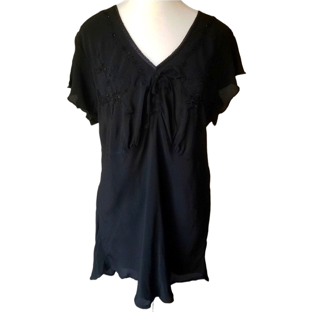 NWT Women's 90s Babydoll Beaded-Empire Bodice Flutter Cap Sleeve Flowy  Black XL